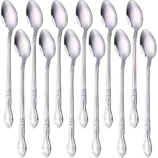 Long Iced Teaspoon 8-Inch Cold Drink Stirring Spoon, BYEGOU 12 PCS Stainless Steel Mixing Spoons Silverware Flatware Set
