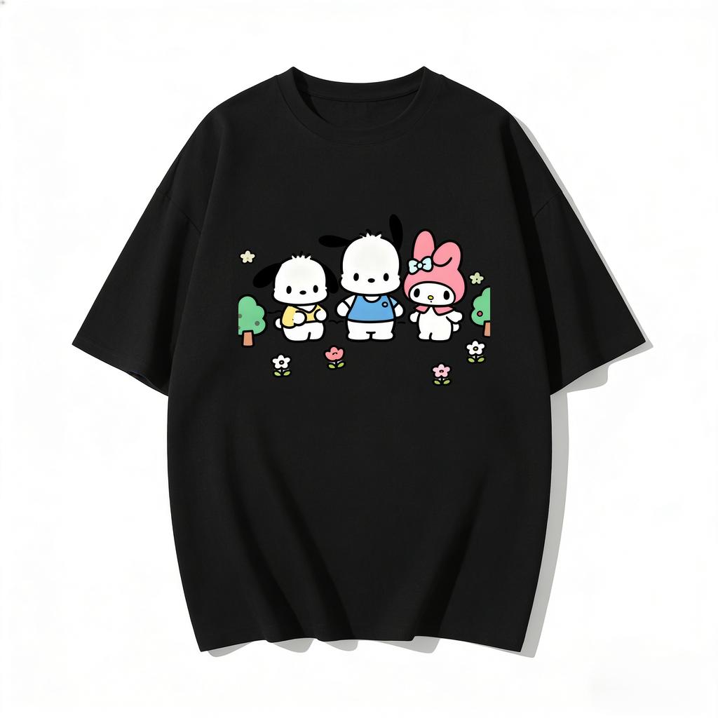 Summer Cute Pochacco My Melody Print Tshirt Casual Short Sleeve Tees for Mom and Daughter Sweet Family Matching Outfits Fashion