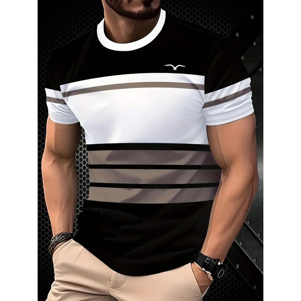 Men's Creative Color blocked 3D Mountain Printed T-shirt Summer Street Trend Sports Round Neck Short Sleeve T-shirt Casual Sportswear