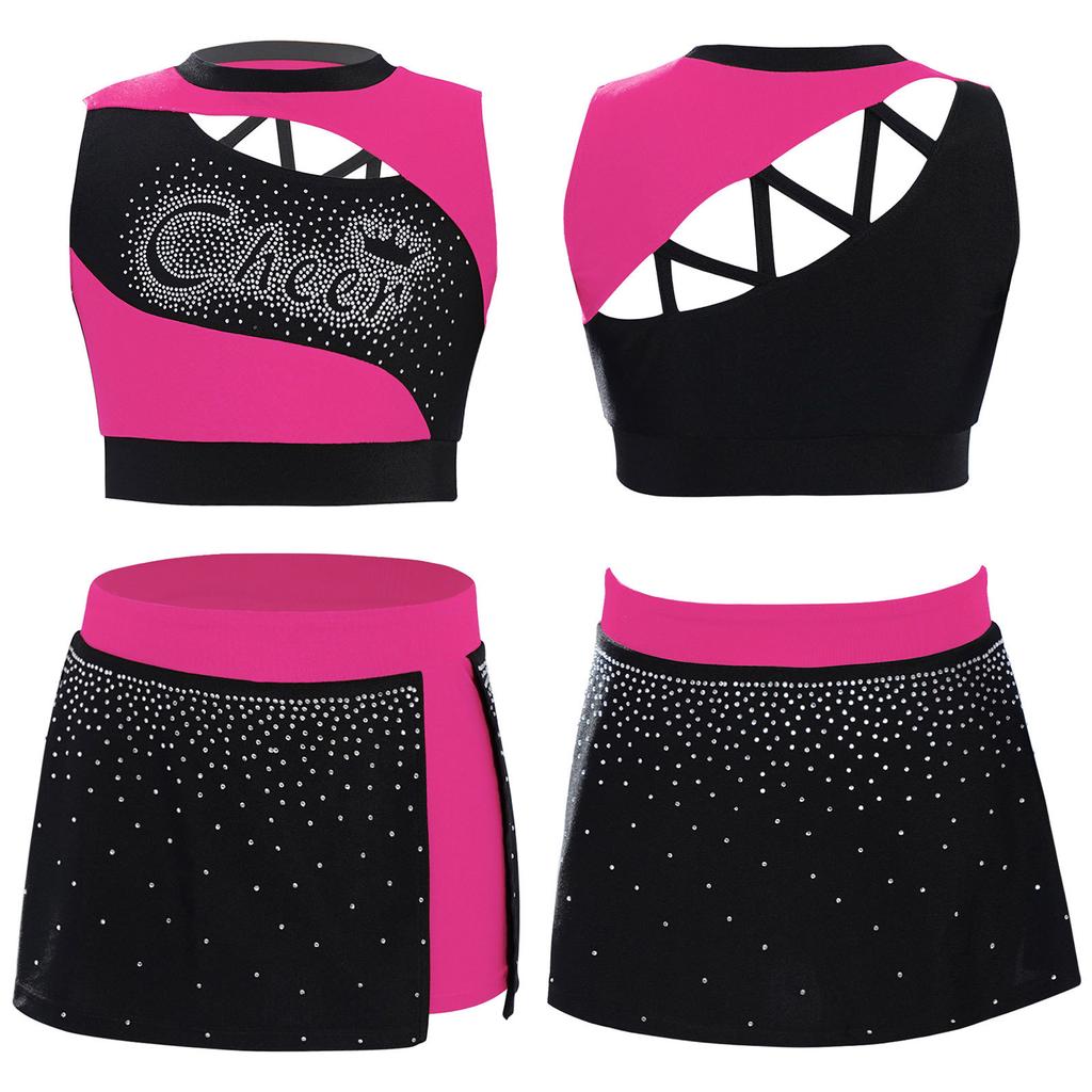 Kids Girls Cheerleading Dance Outfit Set Sleeveless Rhinestone Crop Top & High Slit Skirt for Cheer Competition, Stage Performance, Party Costume