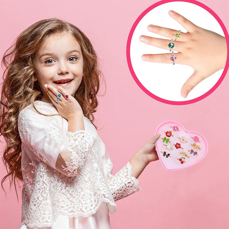 12pcs Children Rings Heart Shaped Box Cartoon Jewelry Adjustable Opening Girls Birthday Gifts Beauty Toys Pretend Play TMZ