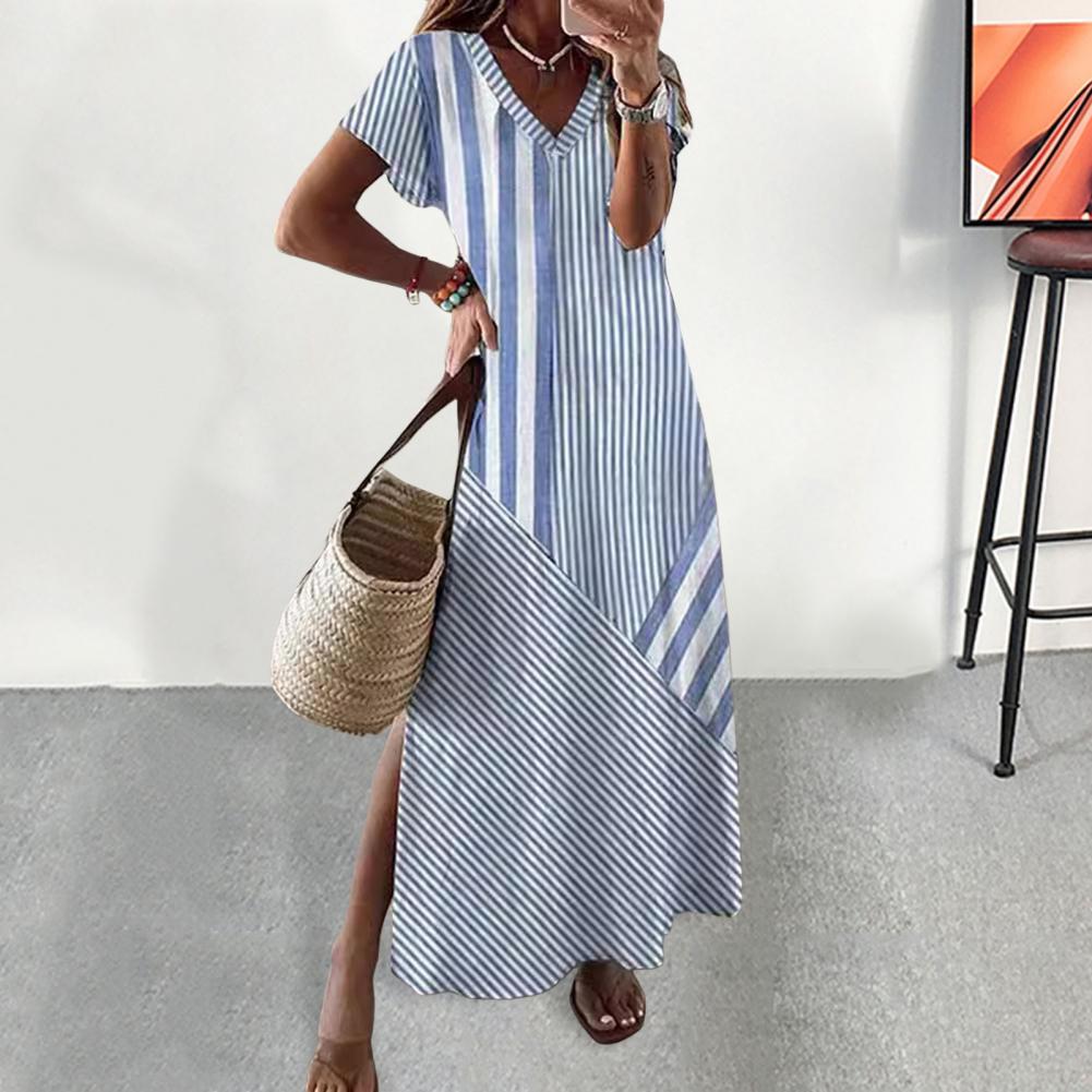 Summer Women Dress V-Neckline Side Split A-line Comfortable Fit Short Sleeves Striped Print Pullover Ankle Length Vacation Beach Maxi Dress