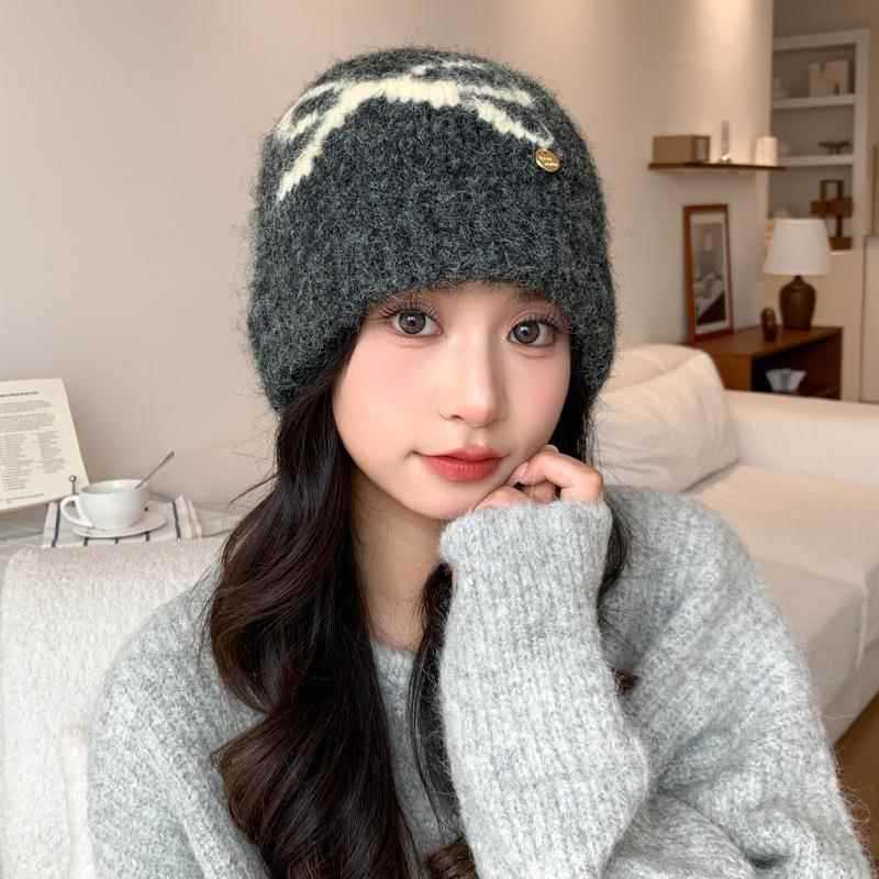 Bow Jacquard Knitted Hat Season Fashion Versatile Hat Women's Big Head Circumference Small Wool Hat