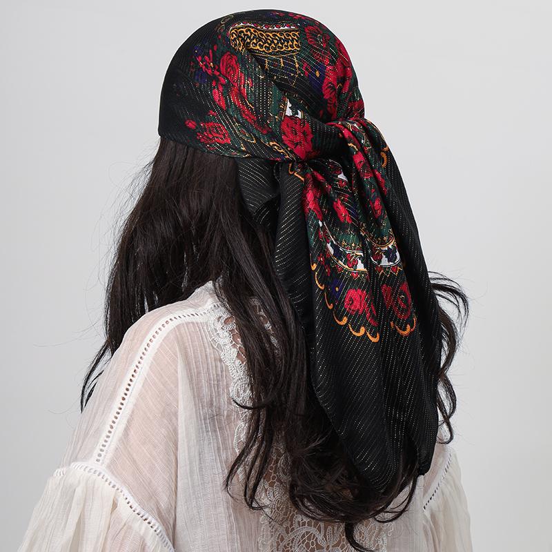 80*80Cm Square Fashion Scarf Women Floral Print Cotton Bandanas Lady Scarves Headband Accessories Handkerchief Shining Hijab