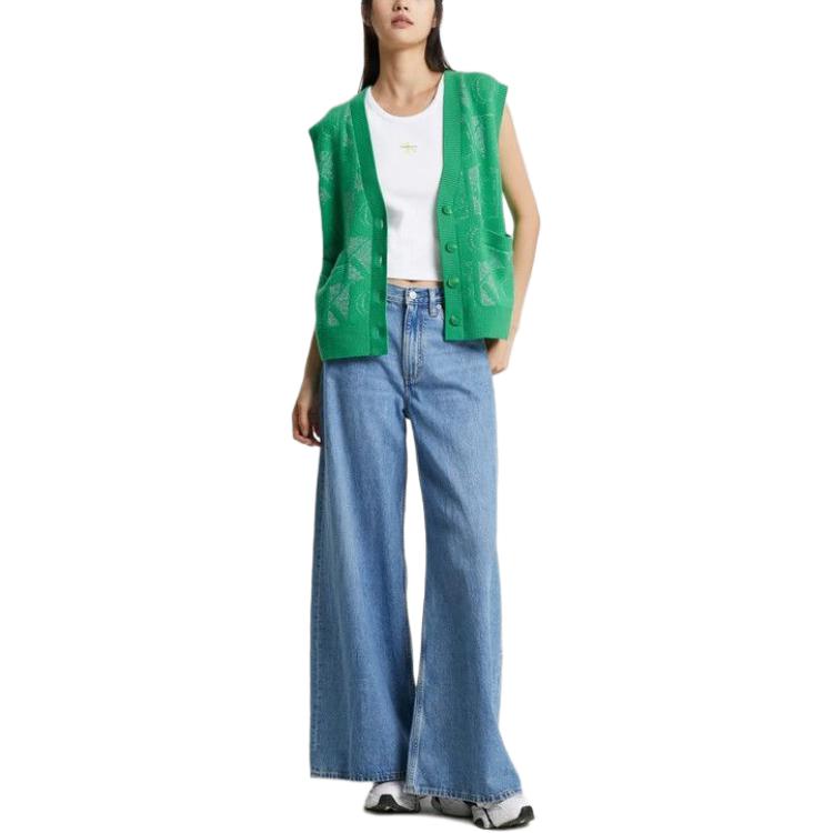 Calvin Klein Letter Jacquard Single-Breasted V-Neck Sleeveless Cardigan Women cardigans Emerald-Green J222304-LGP