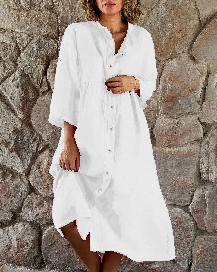 2023 Women's Cotton Linen Dress: Solid Color, Casual Stand-up Collar, Button-Down Long Dress