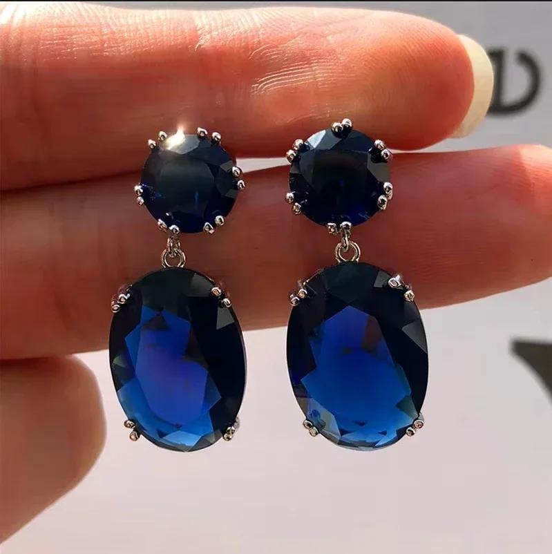 Royal Blue Zircon Oval Earrings Fashionable High-End Design Accessories for Banquets Personalized Simple Zircon