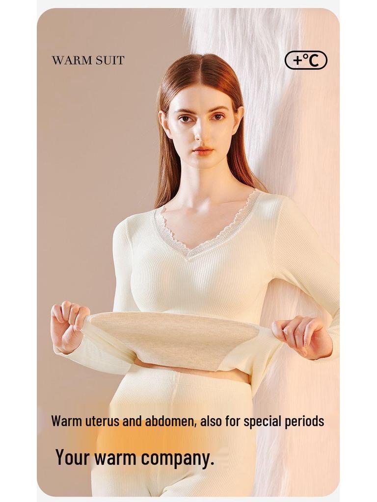 Women's Cashmere Silk Warm Set with Built-In Bra, Plus Velvet, Autumn/Winter 2025 Style, Base Layer Top Innerwear