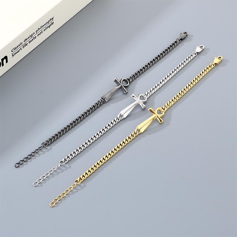 Distressed Egyptian Ankh Cross Bracelet, Personalized Titanium Steel Jewelry for Men & Women