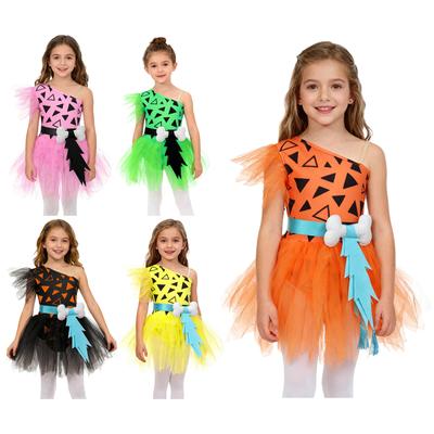 Mädchen Höhlenmädchen Outfit Patchwork Tüllkleid Verstellbarer Träger Netz Kurzarm Eingearbeiteter Slip 3D Knochen Gürtel Prähistorisches Kostüm