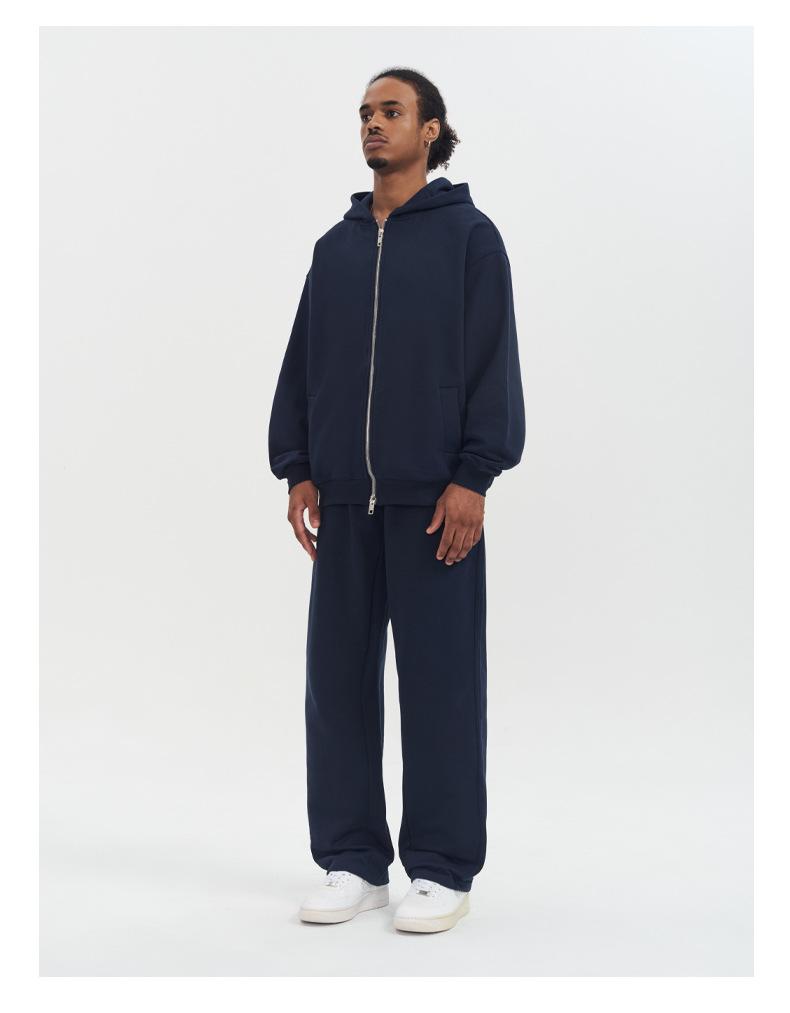 Completo con Felpa con Cappuccio e Pantaloni della Tuta Streetwear Americano 430G Fodera in Pile Collo a Polo Zip-Up Tuta Casual