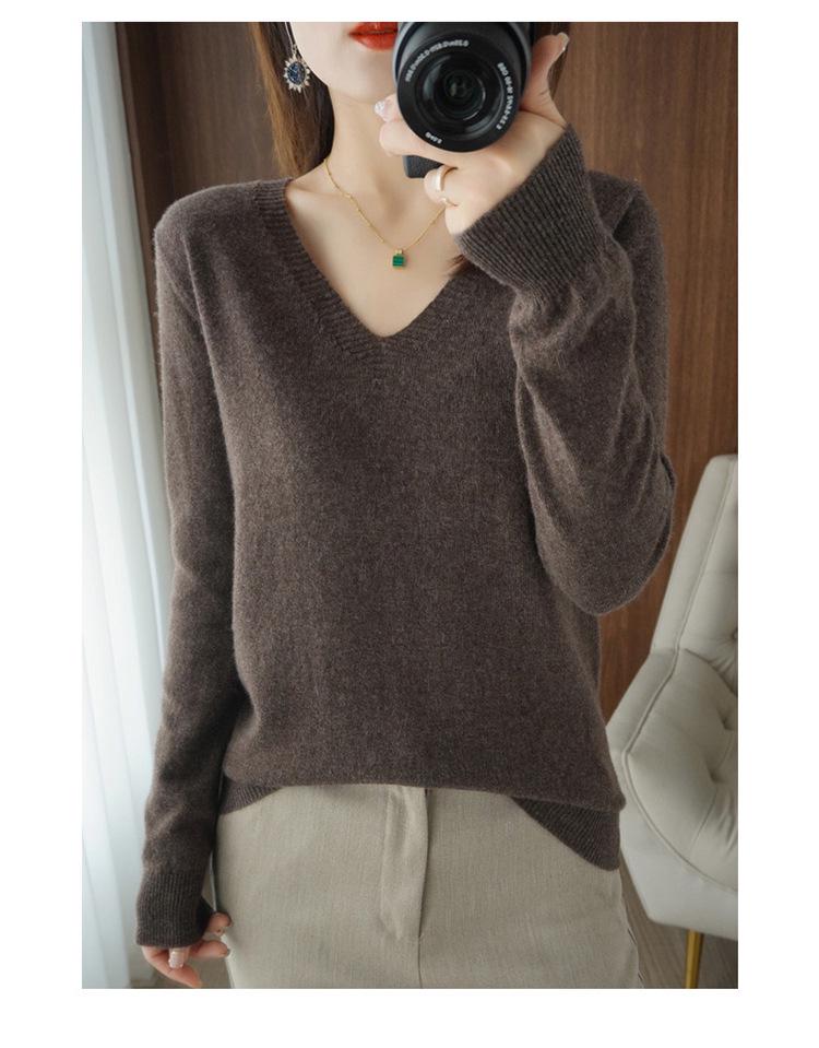 Women's V-Neck Cashmere Sweater - Slim Fit Long Sleeve Knitwear, Korean Style for Spring & Autumn