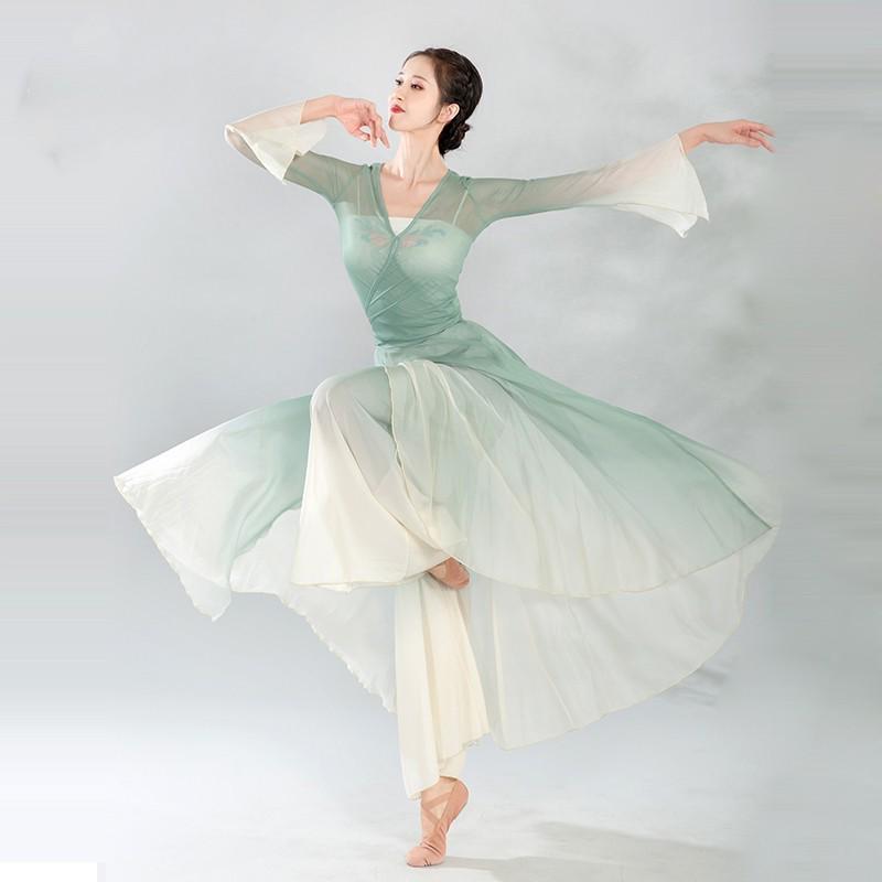 Elegantes chinesisches klassisches Tanzgaze-Kleid - Schlankmachendes Feenstil-Auftrittskostüm