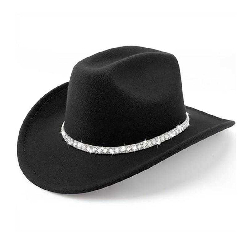 Sparkling Rhinestones Belt Western Cowboy Hats In Comfortable Woolen For Music Festivals And Outdoor Adventures