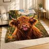 Wildflower Highland Cow Coral Fleece Blanket Farm Animal Floral