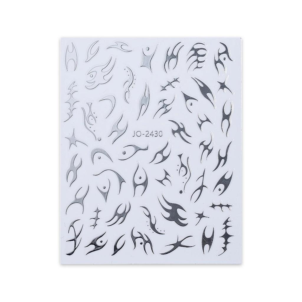 Samoprzylepne naklejki na paznokcie 3D tłoczone płomienie Aurora ciernie srebrny laser (2025)