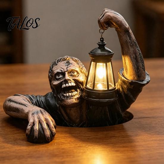 Lighted Zombie Lantern Statues Halloween Creepy Zombie/Skeleton Statue, Resin Horror Figurine Decor, Light Up Ornaments Holding Ornament for