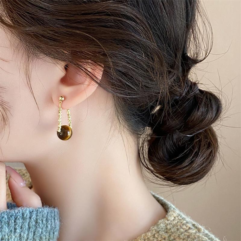 Maillard Round Tiger Eye Stone Pendant Gold Beaded Chain Hanging Earrings New Jewelry Fashion Accessories for Womens