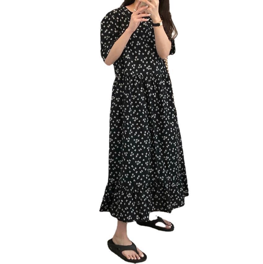 Summer lazy retro black round neck short-sleeve floral dress loose and slimming ruffled long skirt for women