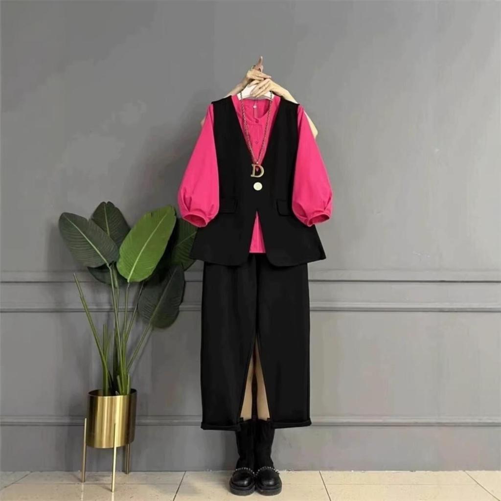Trendy Plus Size Women's Slimming Three-Piece Set: Lantern Sleeve Shirt, Versatile Vest, and Pants