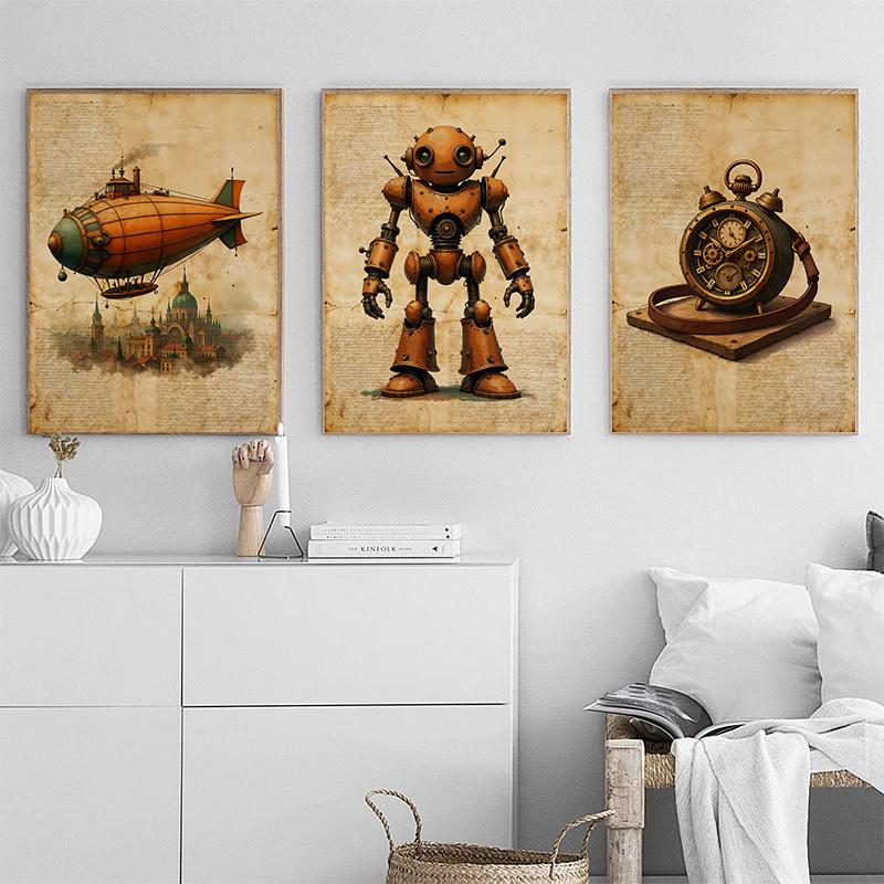 Classic Vintage Steampunk Gramophone Airship Posters Robot Machine Gears Prints Canvas Painting Wall Art Picture Home Room Decor