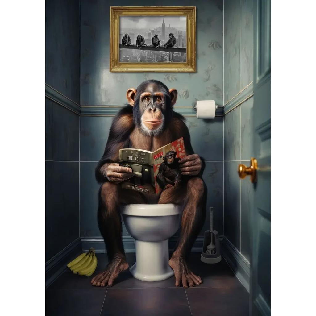Dog Monkey Highland Cow Sitting on The Toilet Reading Newspaper Poster Animal Print Canvas Painting Funny Bathroom Wall Decor