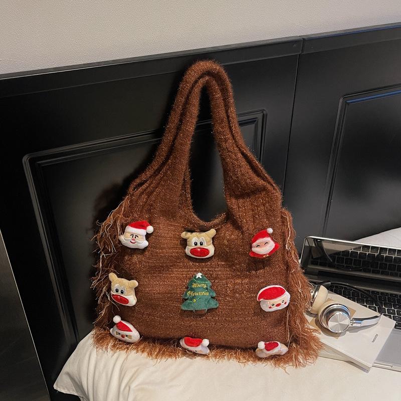 Korean Style Cute Cartoon Winter Yarn Shoulder Bag with Tassels - Versatile Large Capacity Tote