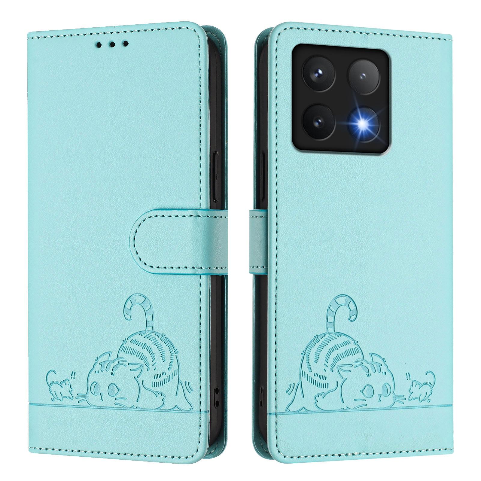 

For Xiaomi 14T Pro Case with Strap RFID Blocking Leather Wallet Phone Cover Cat Mouse Pattern Mint Green