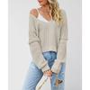 MGHR Women's Fashion Casual Solid Color Print Autumn Winter Long Sleeve V-Neck Loose Sweaters