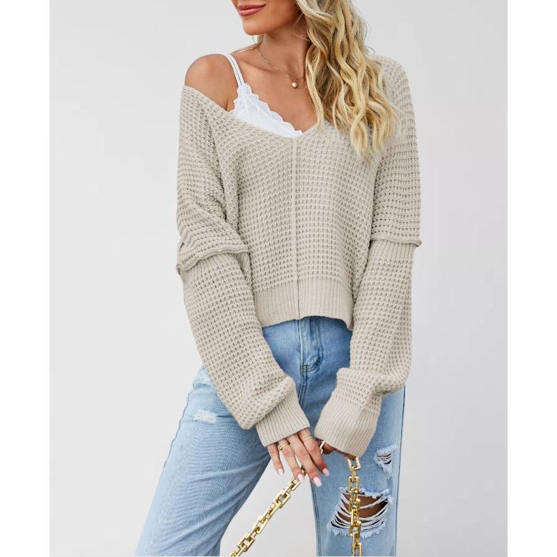 MGHR Women's Fashion Casual Solid Color Print Autumn Winter Long Sleeve V-Neck Loose Sweaters
