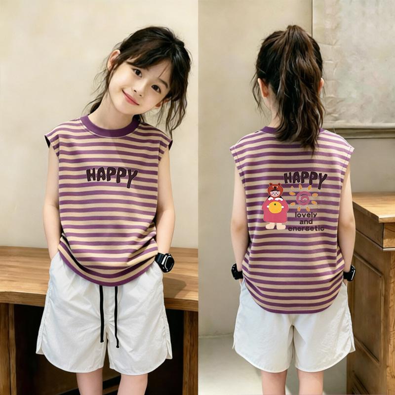 New Stylish Girls' Patchwork Stripe Sleeveless Tank Top Set - Medium & Large Sizes for Casual Summer Wear