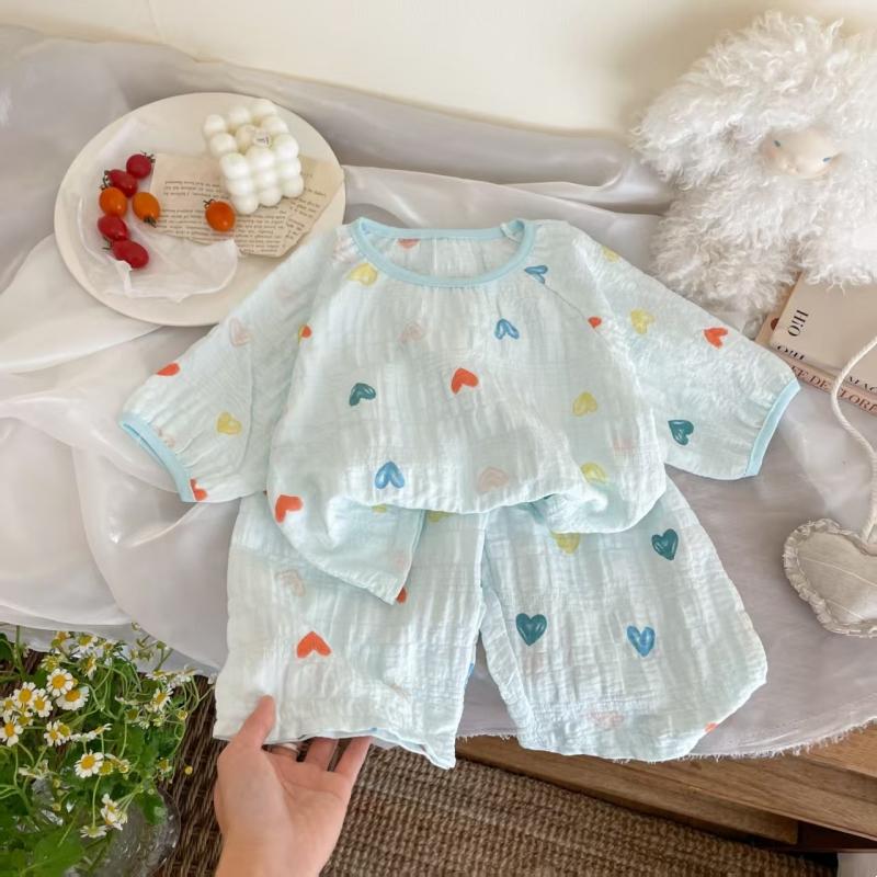 2pcs/set Children's Pure Cotton Shirt Pant Set Girls Boys Comfortable Sweet Versatile Three-quarter Sleeve Tops + Trousers Home Clothes Sleepwear Set