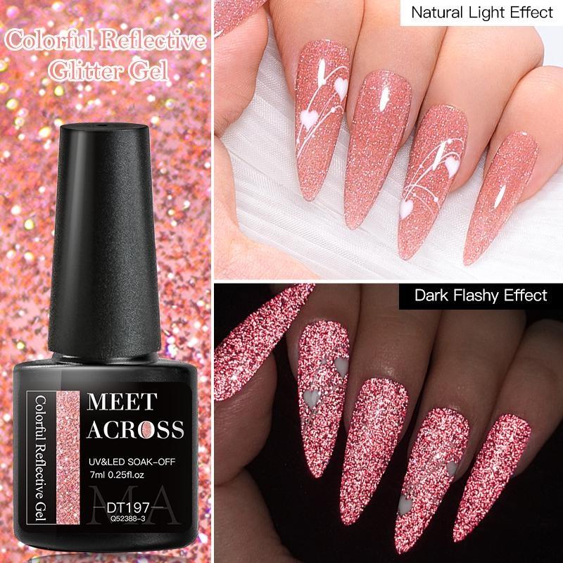 MEET ACROSS 7ml Colorful Reflective Glitter Gel Nail Polish Sparkly Glitter Shimmery Gel Soak Off Gel Polish Manicure Nail Salon Varnish