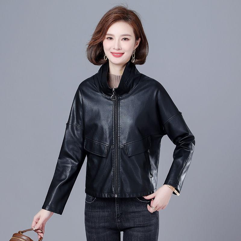Women's  Autumn New Leather Leather Short Fashion Sheepskin Lapel Zipper Fashion Versatile Solid Color Leather Jackets