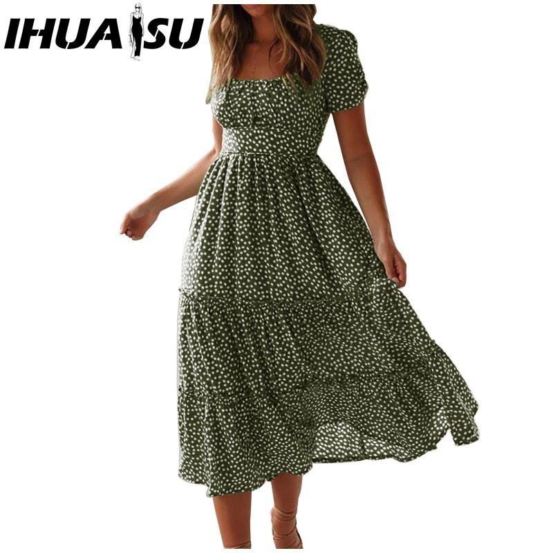 

ИГУАСУ Летнее платье в горошек Женское Повседневное А-силуэта с коротким рукавом Квадратный вырез Волан Миди платье Шифон Красный Черный Синий Зеленый XXL армия зеленый