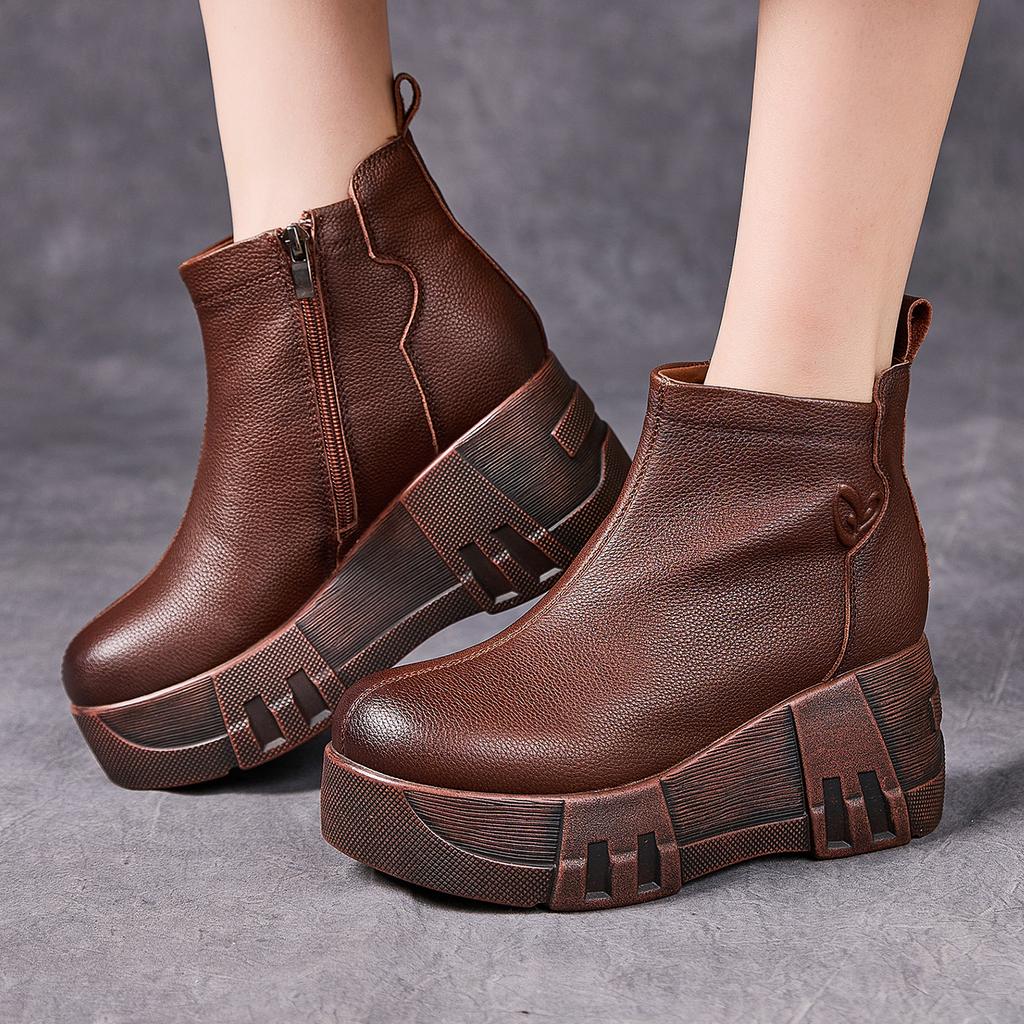 Fashion GKTINOO Handmade Genuine Leather Winter Warm Women's Boots Round Toe Retro Thick-soled Wedges Ankle Boots High Heels Boots