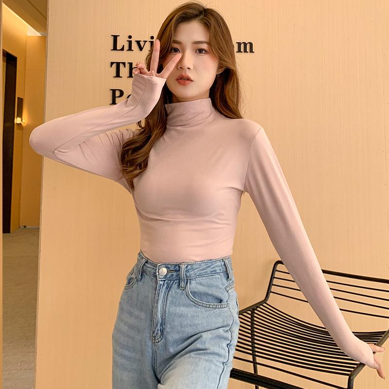 Women's Black Milk Silk Long Sleeve Half Turtleneck T-Shirt with Plus Velvet, All-Season, 2025 New Style