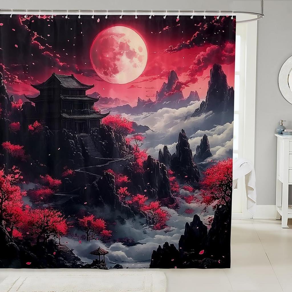 Japanese Geisha Shower Curtain Red Cherry Blossoms Bath Curtain For Boys Girls Teens Japanese Ukiyoe Bathroom Shower Curtain