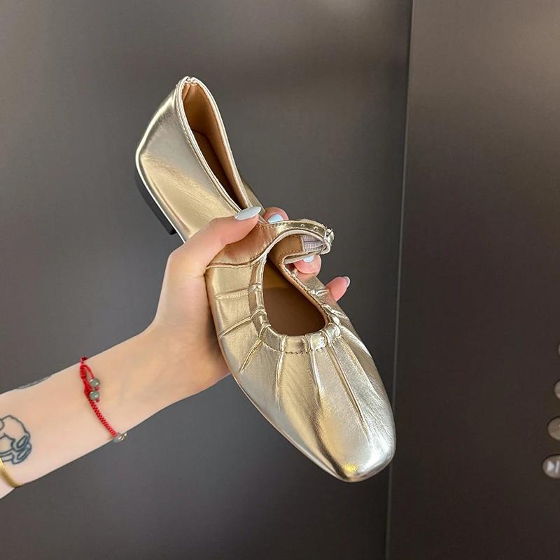 2025 Mary Jane Shoes Glossy Leather Ballet Flats Fashion Pleated Low Heel Single Loafers Women Soft Sole Casual Mules Pumps