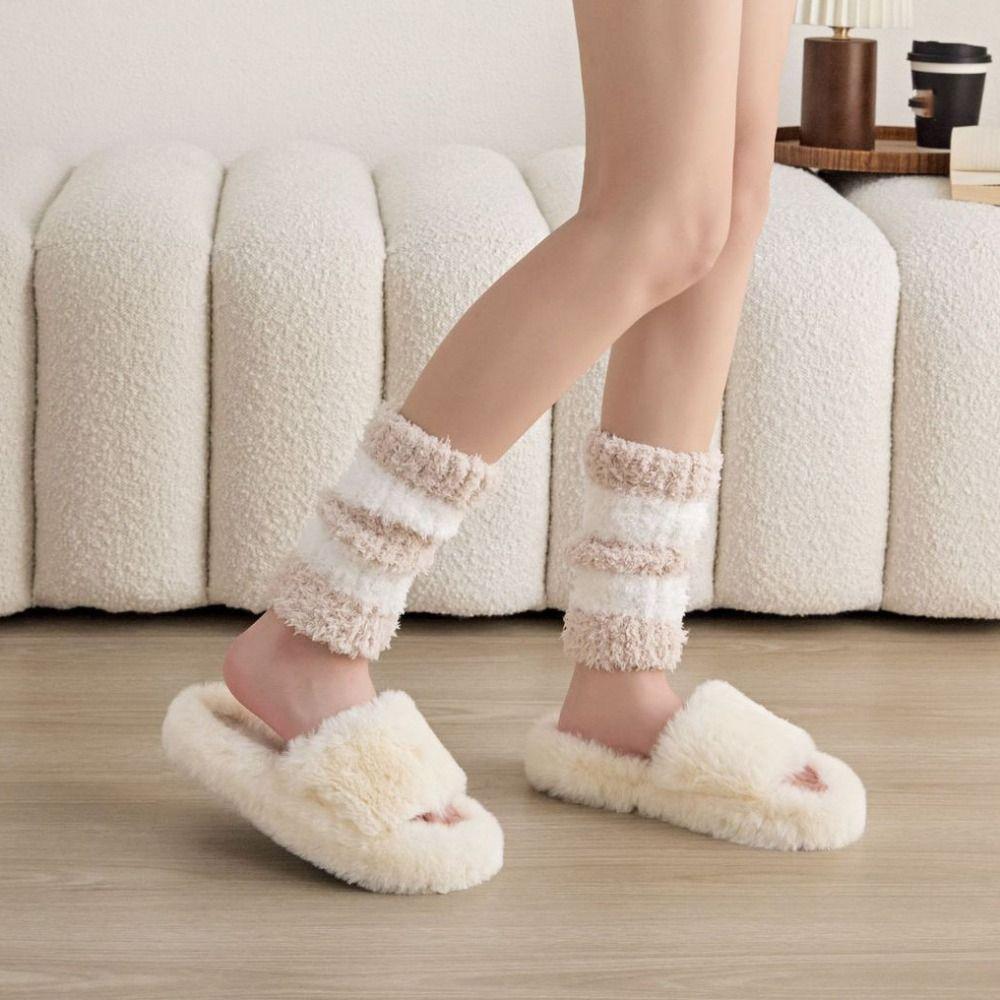 Stripe Short Tube Sock Cover Simple Winter Foot warmer Kawaii Coral Fleece Stockings  Autumn