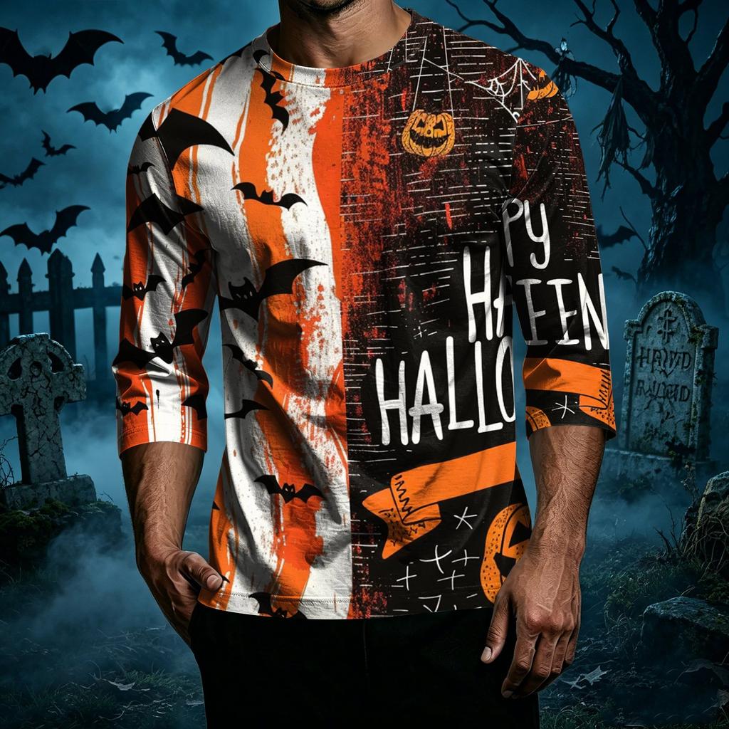 Men's Casual Halloween Print Crew Neck T Shirt Three Quarter Sleeve Top Lightweight Comfortable Fit Seasonal Design