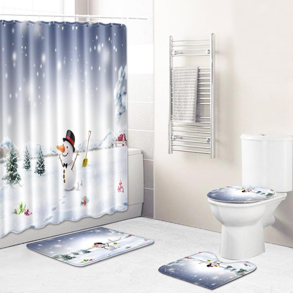 Christmas Toilet Seat Shower Curtain Four-Piece Printed Floor Mat Set Bathroom Floor Mat Bedroom Absorbent Door Mat Carpet