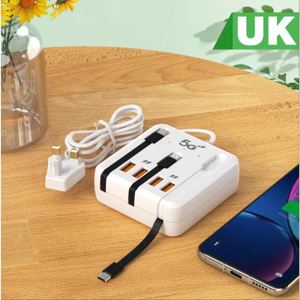 Încărcător USB cu încărcare rapidă, 66W, 4 porturi, pentru călătorie, cu priză, adaptor de cablu tip C pentru iPhone 14 15, Xiaomi, Samsung