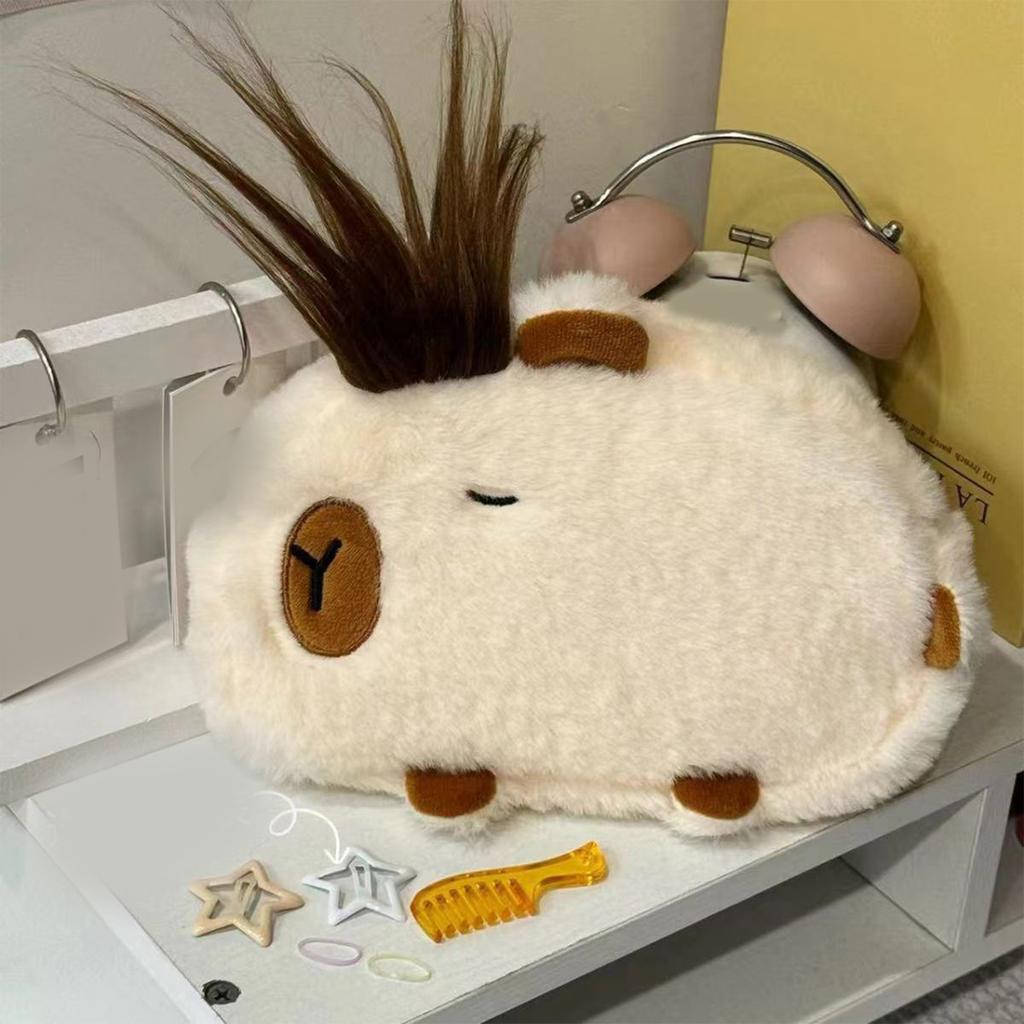 Lovely Capybaras Sturdy Plush Pencil Case Soft Multipurpose Compartment Organizers for School and Travel Supplies