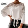 Women Shirt Lady Top Crochet Solid Color Round Neck Winter Lace Stitching Hollow Fall for Work Blouse
