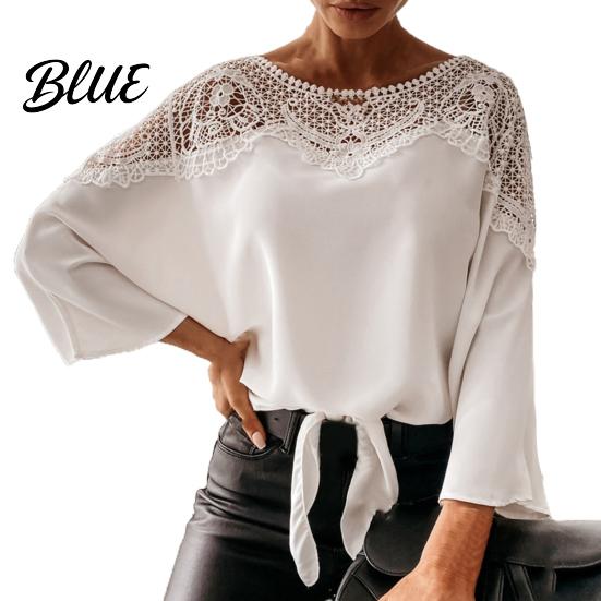 Women Shirt Lady Top Crochet Solid Color Round Neck Winter Lace Stitching Hollow Fall for Work Blouse