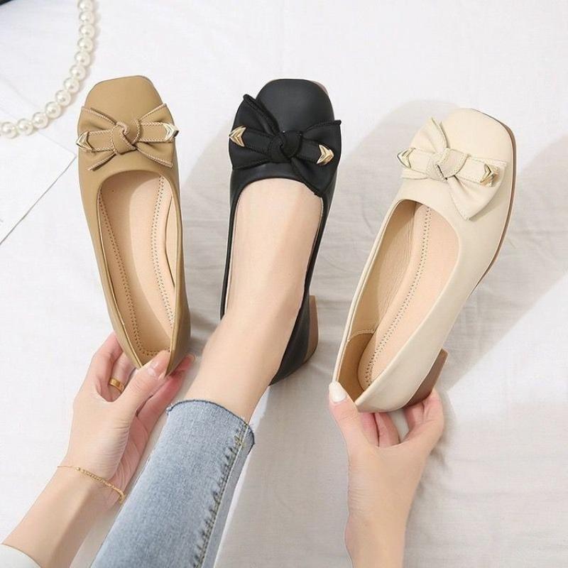 Bow shallow mouth single shoes women's autumn new square head one pedal women's shoes soft sole gentle Doudou shoes