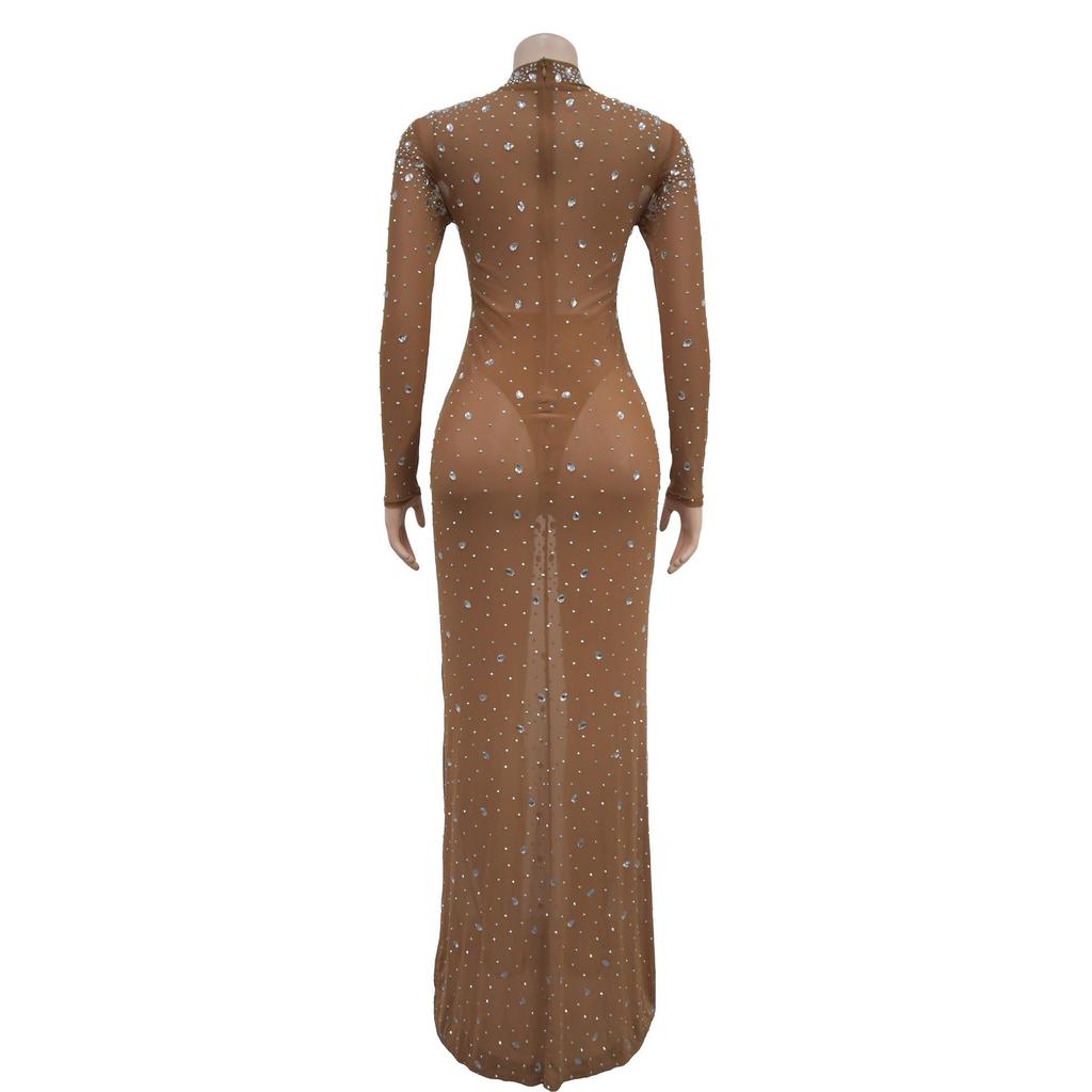 Europäisches und Amerikanisches Mode Strassstein Langes Kleid - Rundhals Damenbekleidung