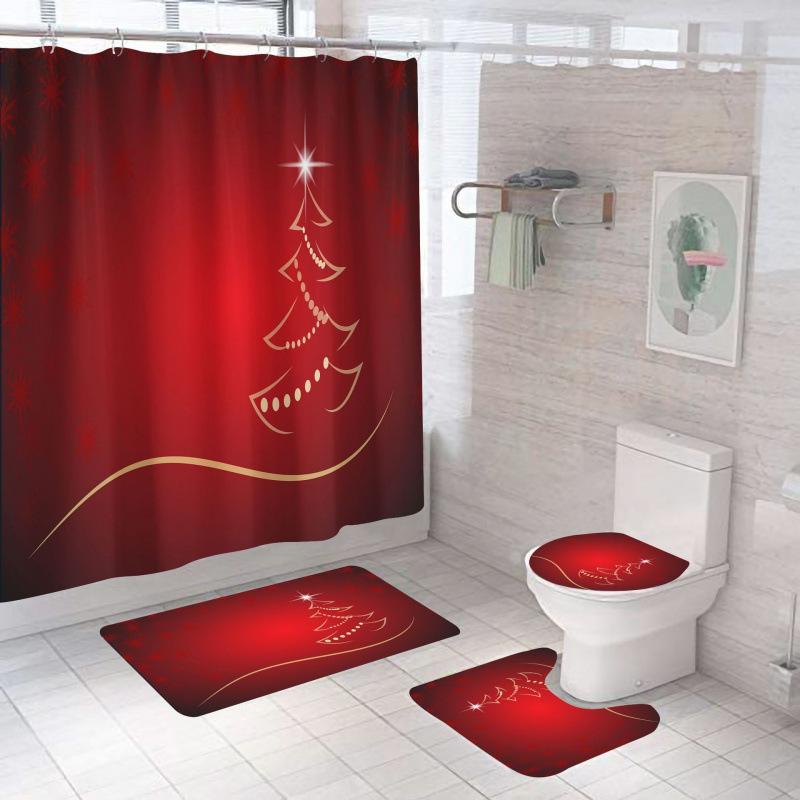 

Christmas Shower Curtain with Holiday Greetings - Red Waterproof Bathroom Linen No-Drill Hanging Decor 120*180cm