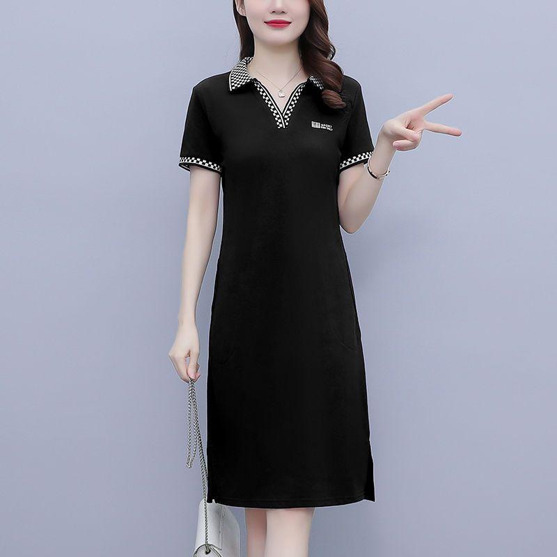 Summer Dress for Women V-Neck Short Sleeve Midi Dress with Elegant Collar and Loose Fit